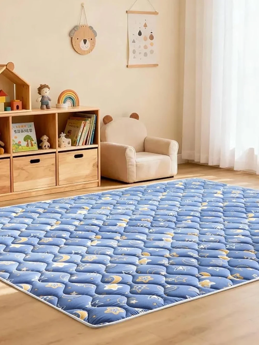 47 x 47 Blue Star & Moon Quilted Baby Play Mat
